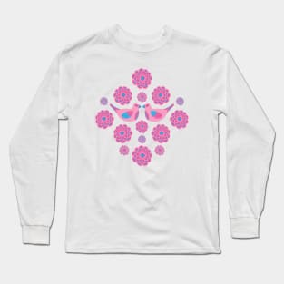 LOVELY Cute Love Birds and Big Floral Bloom Flowers in Barbiecore Light Pink on Fuchsia Hot Barbie Dark Pink - UnBlink Studio by Jackie Tahara Long Sleeve T-Shirt